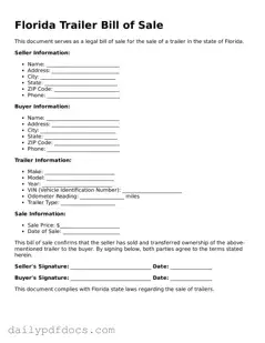 Printable  Trailer Bill of Sale Document for Florida