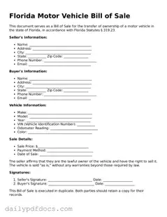 Printable  Motor Vehicle Bill of Sale Document for Florida
