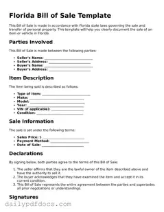 Printable  Bill of Sale Document for Florida