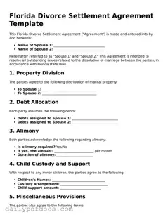 Printable  Divorce Settlement Agreement Document for Florida