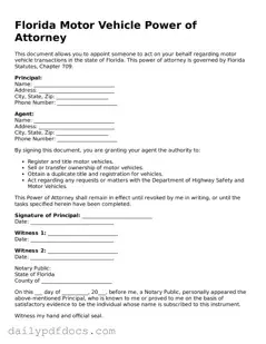 Printable  Motor Vehicle Power of Attorney Document for Florida