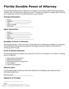 Printable  Durable Power of Attorney Document for Florida