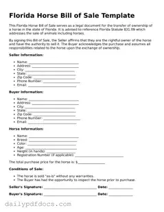 Printable  Horse Bill of Sale Document for Florida