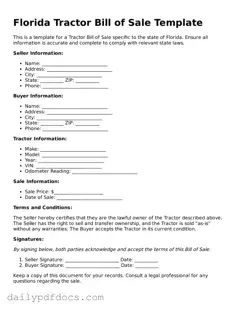 Printable  Tractor Bill of Sale Document for Florida