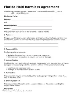 Printable  Hold Harmless Agreement Document for Florida