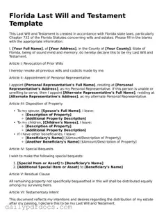 Printable  Last Will and Testament Document for Florida