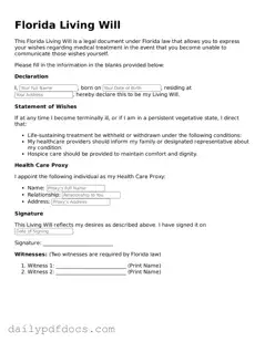 Printable  Living Will Document for Florida