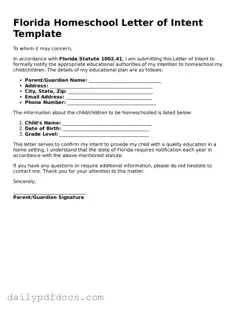 Printable  Homeschool Letter of Intent Document for Florida
