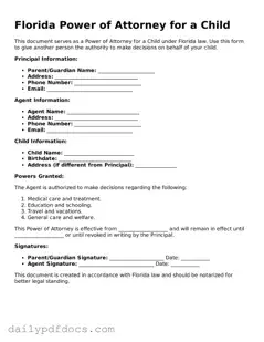 Printable  Power of Attorney for a Child Document for Florida