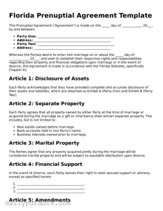 Printable  Prenuptial Agreement Document for Florida