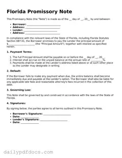 Printable  Promissory Note Document for Florida