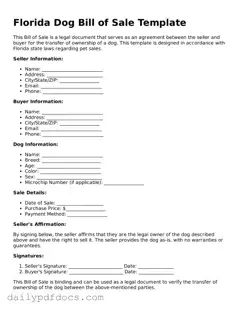 Printable  Dog Bill of Sale Document for Florida