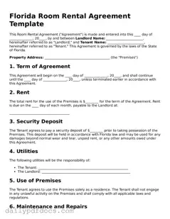 Printable  Room Rental Agreement Document for Florida
