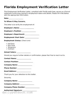 Printable  Employment Verification Document for Florida