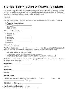 Printable  Self-Proving Affidavit Document for Florida