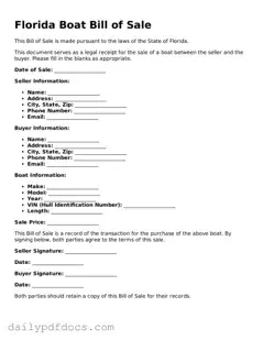Printable  Boat Bill of Sale Document for Florida