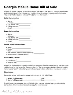 Printable  Mobile Home Bill of Sale Document for Georgia