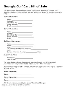 Printable  Golf Cart Bill of Sale Document for Georgia