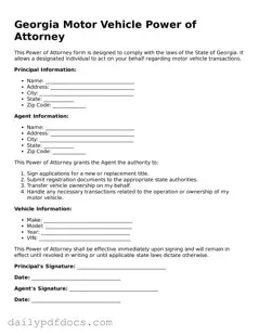 Printable  Motor Vehicle Power of Attorney Document for Georgia
