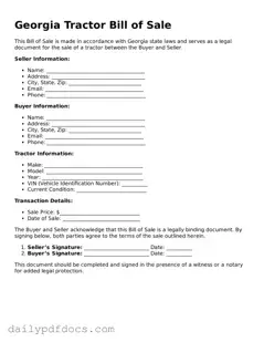 Printable  Tractor Bill of Sale Document for Georgia