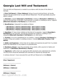 Printable  Last Will and Testament Document for Georgia