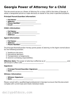 Printable  Power of Attorney for a Child Document for Georgia