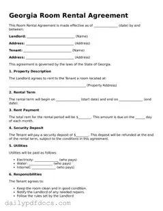 Printable  Room Rental Agreement Document for Georgia
