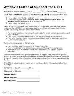 Free Affidavit Letter of Support for I-751 Template