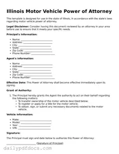 Printable  Motor Vehicle Power of Attorney Document for Illinois