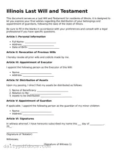 Printable  Last Will and Testament Document for Illinois