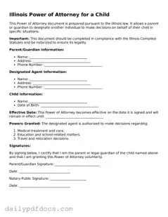 Printable  Power of Attorney for a Child Document for Illinois