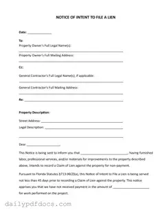 Fill Your Intent To Lien Florida Form