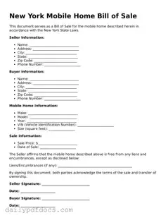Printable  Mobile Home Bill of Sale Document for New York