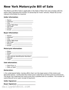 Printable  Motorcycle Bill of Sale Document for New York