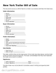Printable  Trailer Bill of Sale Document for New York