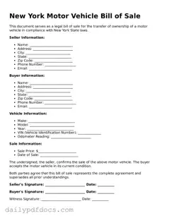 Printable  Motor Vehicle Bill of Sale Document for New York