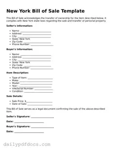 Printable  Bill of Sale Document for New York