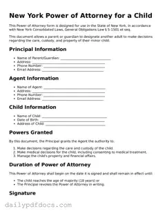 Printable  Power of Attorney for a Child Document for New York