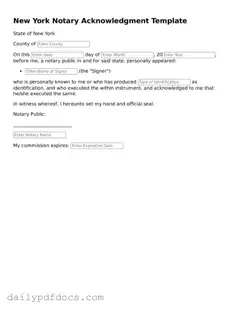 Printable  Notary Acknowledgement Document for New York