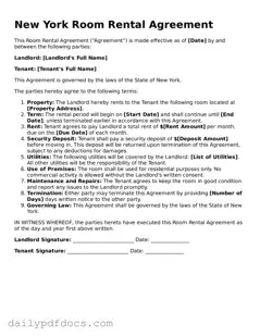 Printable  Room Rental Agreement Document for New York