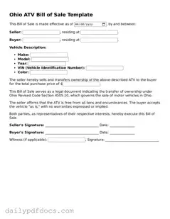 Printable  ATV Bill of Sale Document for Ohio