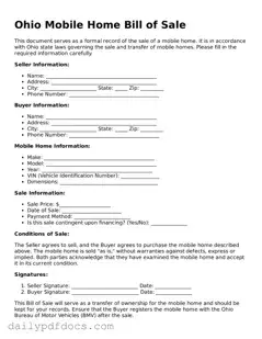 Printable  Mobile Home Bill of Sale Document for Ohio