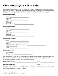 Printable  Motorcycle Bill of Sale Document for Ohio