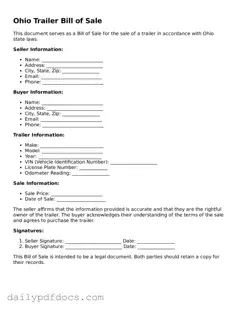 Printable  Trailer Bill of Sale Document for Ohio