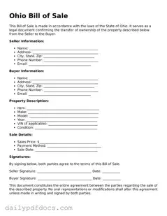 Printable  Bill of Sale Document for Ohio