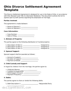 Printable  Divorce Settlement Agreement Document for Ohio