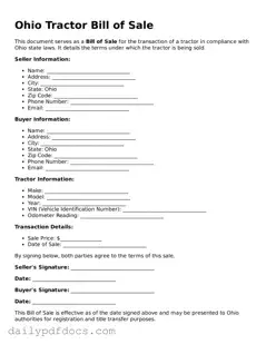 Printable  Tractor Bill of Sale Document for Ohio