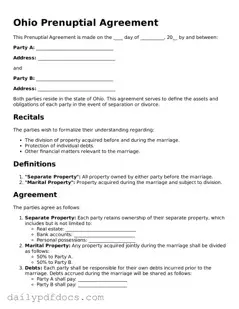 Printable  Prenuptial Agreement Document for Ohio