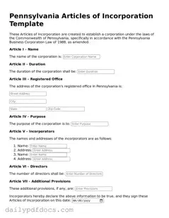 Printable  Articles of Incorporation Document for Pennsylvania