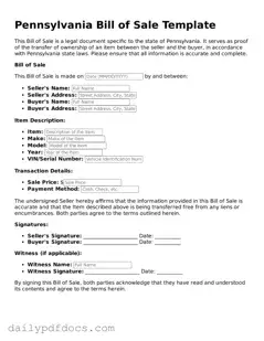 Printable  Bill of Sale Document for Pennsylvania